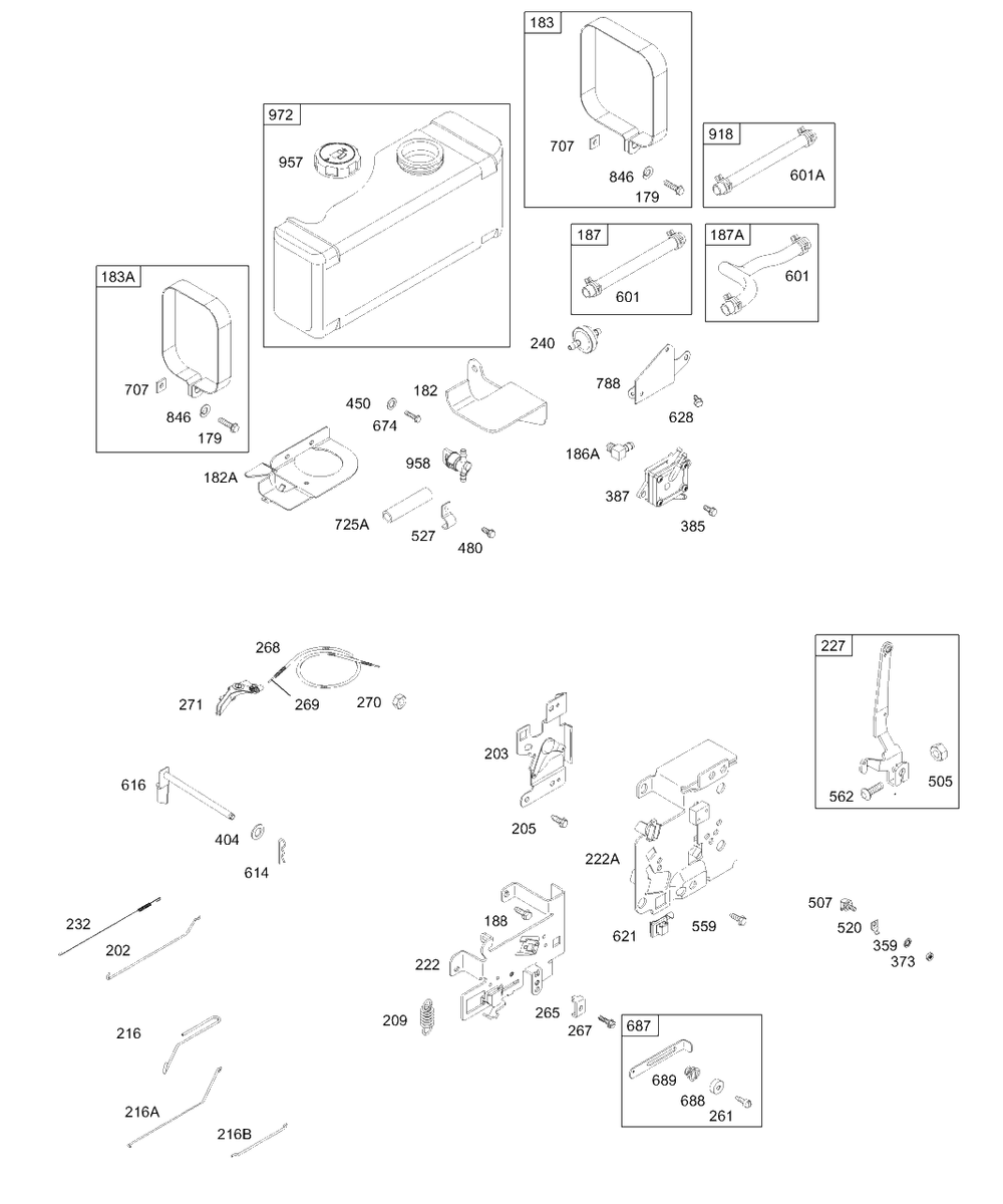 Fuel Tank, Hoses, Pump, Controls Diagram and Parts List for 28B706-1030-XX  Briggs and Stratton Engine